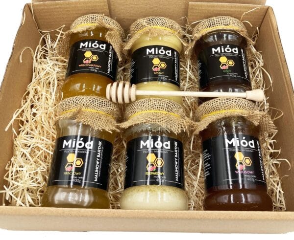 ZESTAW Prezentowy 6x Miody naturalne + gratis