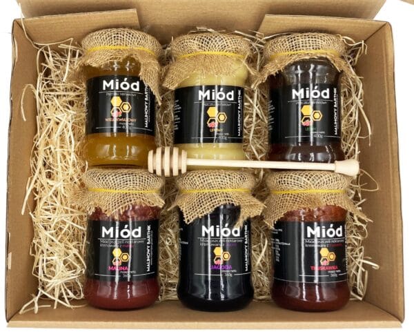 ZESTAW Prezentowy 6x Miody naturalne i owocowe + gratis